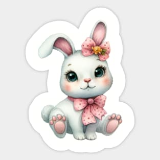 Cute rabbit with pink bows watercolor painting Sticker